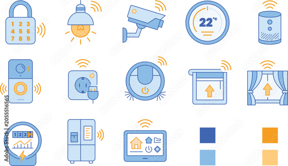 Fototapeta premium Smart house automation icons sheet. Modern flat line art vector elements for intelligent living and wireless technology concepts.