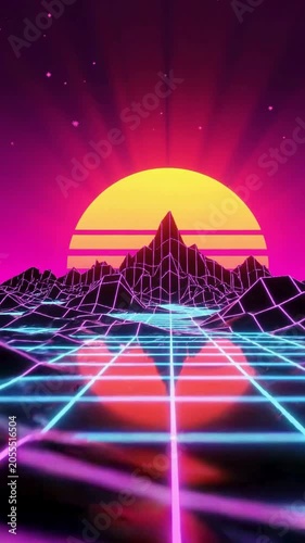 Retro 80s neon vaporwave with glowing grid, 3D animation of night road driving towards vibrant sunset gradient