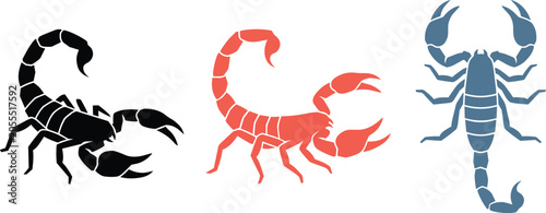Schilderij op canvas Scorpion silhouette and flat icon set featuring dangerous desert arachnid with s