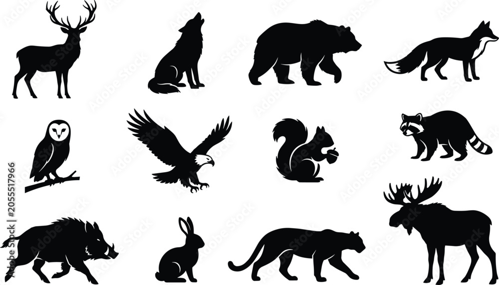 Obraz premium Wild animal silhouette icon set featuring forest wildlife deer bear wolf fox eagle owl moose boar cougar rabbit vector