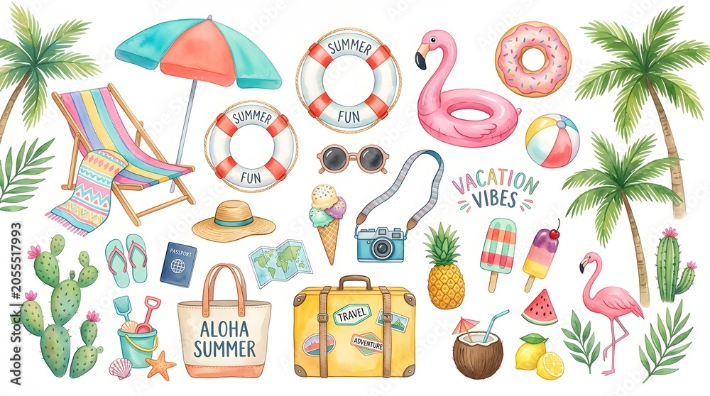 Fototapeta premium Watercolor summer vacation elements collection with tropical motifs