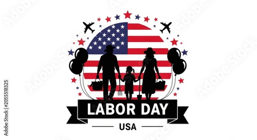 Labor day family silhouette with american flag and balloons