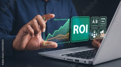 Person analyzing roi chart on laptop with digital interface icons, showcasing data hand and technology graph for modern business & office
