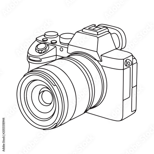 Black and white line drawing of a digital camera with lens