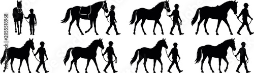 Foto Horse and rider leading silhouette set white background, Equestrian handler walk