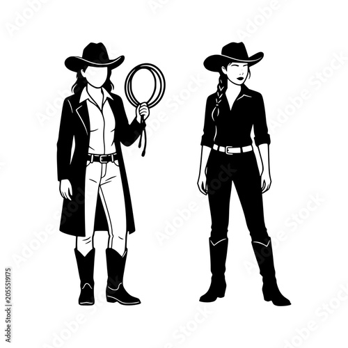 Two cowgirls examining treasure map in black and white vintage style illustration