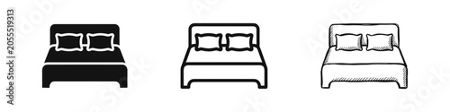 Foto Comfortable double bed with pillows icon set for bedroom, sleep, rest, and hotel concepts