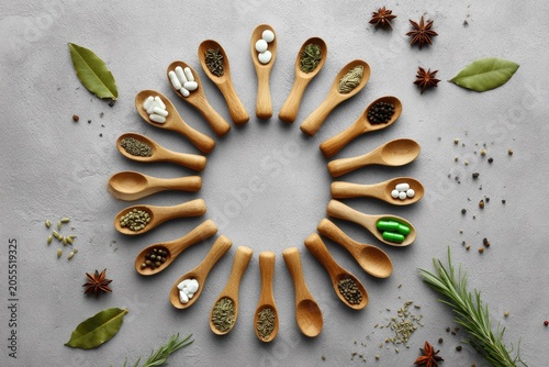Wooden spoons arranged with herbs and spices on a gray surface overhead view