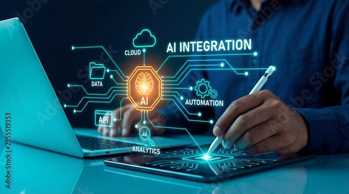 Ai integration concept with futuristic laptop displaying cloud, data, and automation elements, showcasing digital artificial and technology intelligence for modern artificial