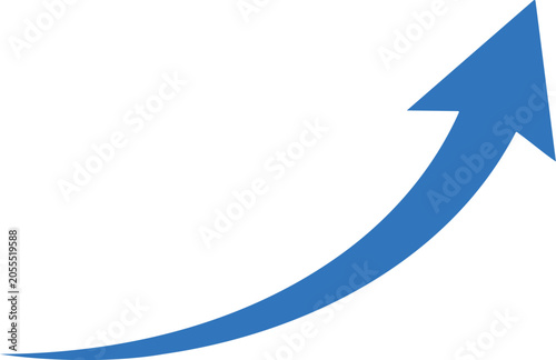 Blue curved arrow pointing up right on white background, Growth upward arrow blue vector illustration, Rising direction arrow blue curved graphic design