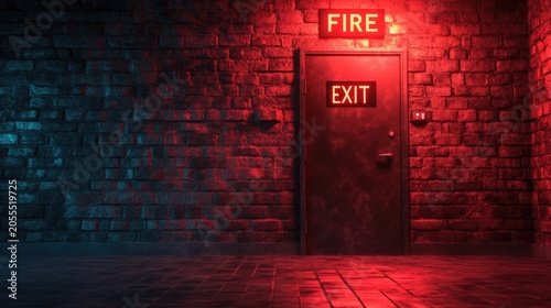 Red fire exit door in the dark corridor of a building with 
