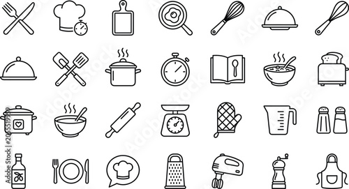 Photos Kitchen utensils and cooking line icon set featuring culinary chef tools baking