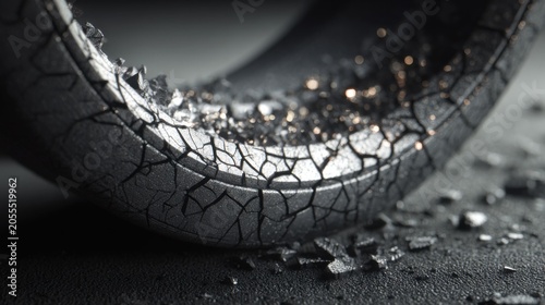 Cracked tire fragment studio macro photography dark environment close-up industrial concept
