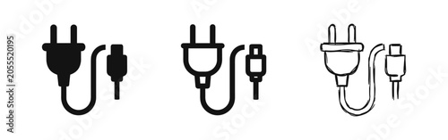 Φωτογραφία Electrical power plug and USB cable icons in three styles: solid, outline, and h