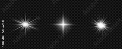 Collection of three radiant star bursts with sharp beams on abstract transparent isolated spotlight radiance decoration astronomy luminous brilliance glamorous
