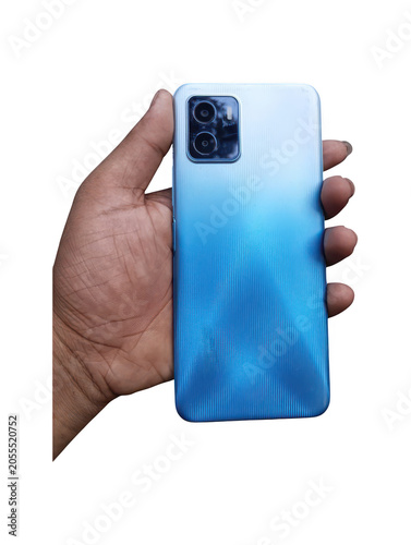 Blue Gradient Smartphone Held in Hand Isolated on Transparent Background