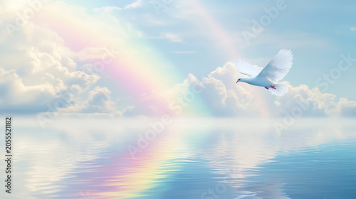 A single white dove and soft rainbow over calm water, covenant, peace and Holy Spirit background for kids ministry, no people. Christian faith Gods love hope eternal life