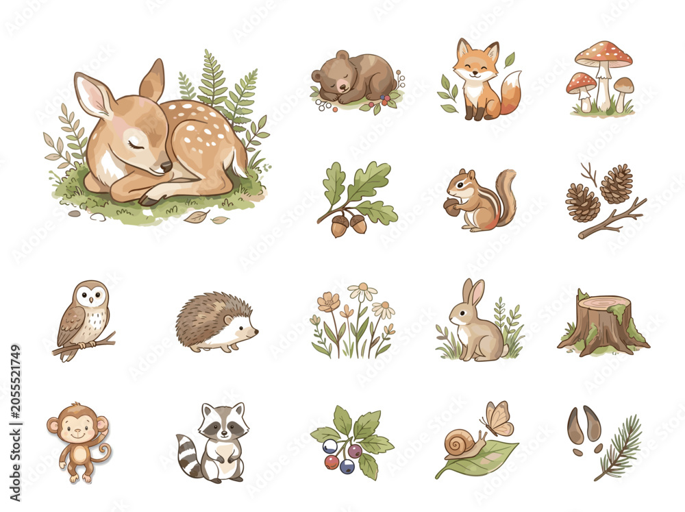Fototapeta premium Watercolor illustration of a gentle baby fawn deer sleeping among forest ferns on a white background