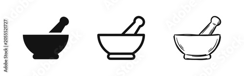 Bilde på lerret Mortar and pestle icon set, representing pharmacy, herbs, and spices, in solid, outline, and hand-drawn styles