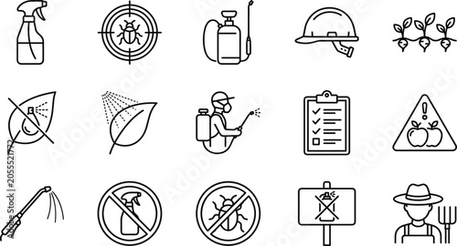 Schilderij op canvas Pesticide and agriculture pest control line icon set featuring farming chemical