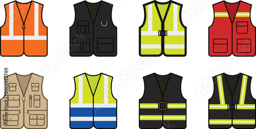 Tableau sur toile Safety vest and tactical utility jacket icon set featuring high visibility refle