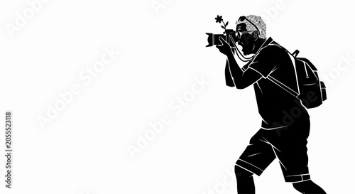 man in gas mask with backpack and camera