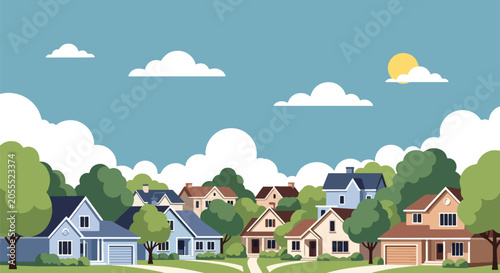 Tableau sur toile Flat style vector of a typical American suburban family house with landscaped la