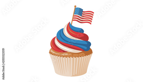 Patriotic 4th of July cupcake vector illustration, American Independence Day sweet dessert with red white blue swirl frosting and USA flag isolated on white background