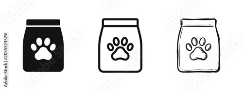 Фотография Pet Food Bag Icon Set with Paw Print in Solid, Outline, and Hand-Drawn Styles
