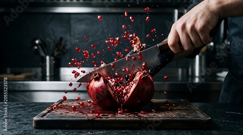 Chef slicing fresh pomegranate with seeds splashing in dark kitchen