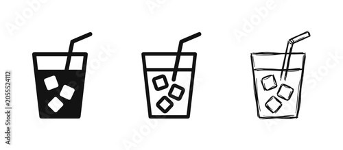 Quadro su tela Iced Drink with Straw Icon Set - Solid, Outline, and Hand-Drawn Styles