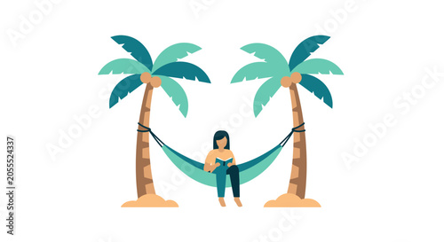 Woman Reading a Book in a Hammock Between Two Palm Trees, Tropical Vacation Relaxation Vector Illustration, Travel and Leisure Concept Isolated on White