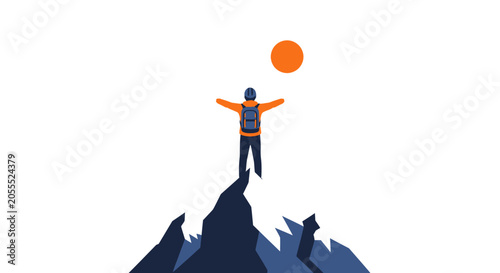 Minimalist Vector Illustration of a Hiker Standing on a Mountain Peak with Arms Outstretched Towards the Sun, Representing Success, Achievement, and Freedom
