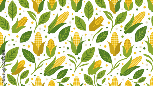 Seamless pattern of corn cobs and leaves in a flat cartoon style on a white background