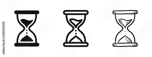 Hourglass Icons. Vector set for time measurement, deadlines, and temporal concepts in solid, outline, and hand-drawn styles.