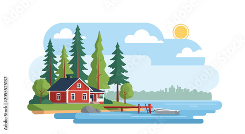 Cuadro en lienzo Flat style vector of a Finnish lakeside house surrounded by pine trees and calm