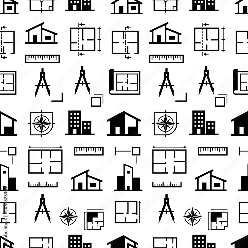 Fototapeta premium Architectural elements seamless pattern, blueprint icons, buildings, compass, ruler, drafting tools, black and white graphic
