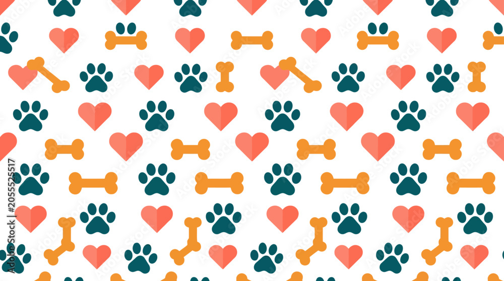 Fototapeta premium Cute seamless pattern with dog paws, bones and hearts in coral and teal colors, vector illustration