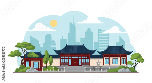 Obraz na plátně Flat style vector of a Chinese courtyard-style house with trees and garden eleme