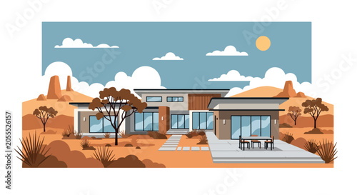Foto Flat style vector of a contemporary Australian house with outdoor patio and land