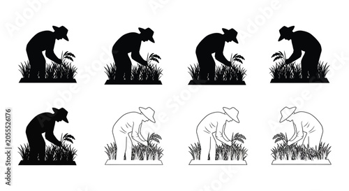 Obraz na płótnie Farmer Silhouette Collection With Rice Stalks Black And White Vector