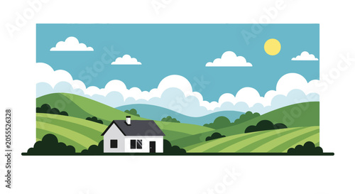 Photos Flat style vector of a New Zealand countryside home surrounded by green hills an