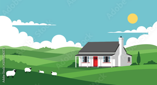 Foto Flat style vector of a New Zealand countryside home surrounded by green hills an