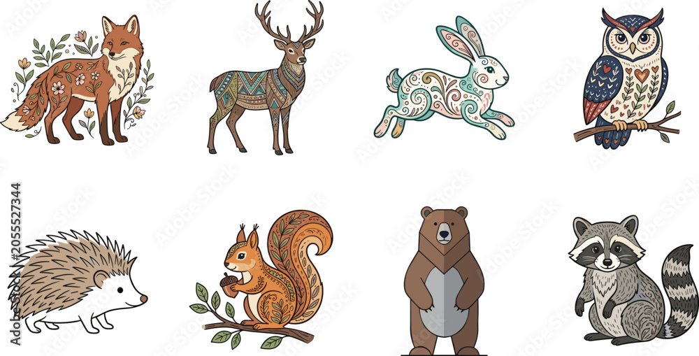 Obraz premium Woodland Animal Character Collection Vector Set with Fox Deer Rabbit Owl Hedgehog Squirrel Bear and Raccoon