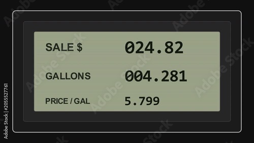 Animated gas pump digital display counting up the sale price and gallons during fueling