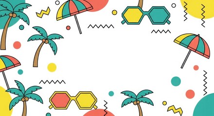 Summer vacation border with colorful beach umbrellas and palm trees flat vector graphic.