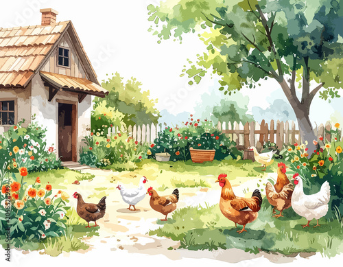 Kury na wolnym wybiegu na wsi ilustracja