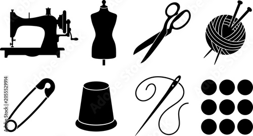 Bild auf Leinwand Sewing and tailoring vector icons set featuring vintage sewing machine mannequin