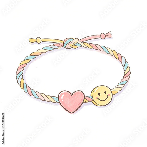 Cute pastel braided bracelet with pink heart and smiley face charm on white background