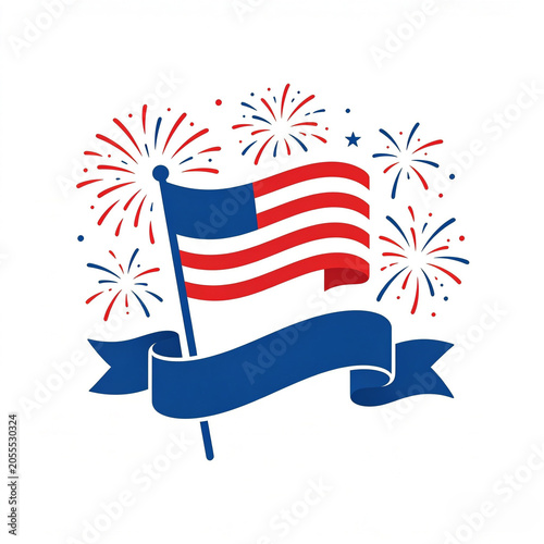 American flag waving with fireworks and a blue ribbon banner celebrating patriotism and national holidays